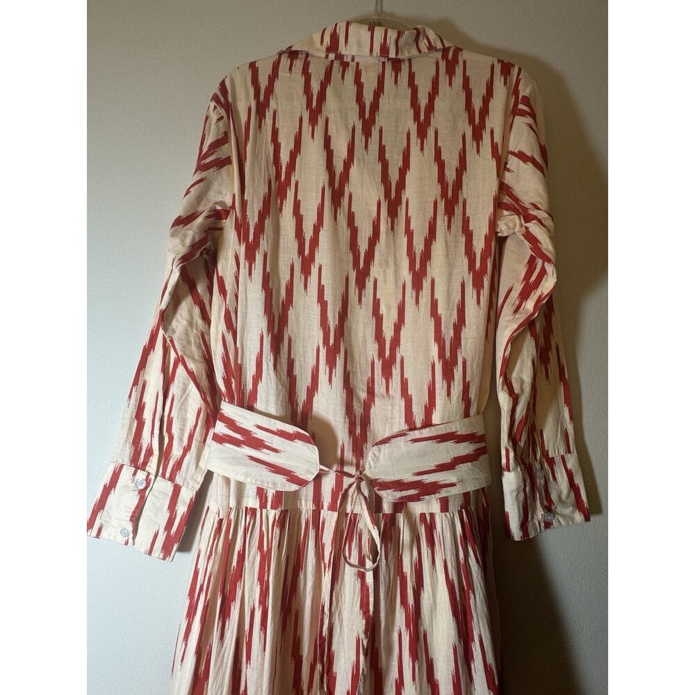 Guadalupe SZ Large Meredith Red Ikat Dress drop waist 1/4 button Cottagecore - Picture 9 of 11